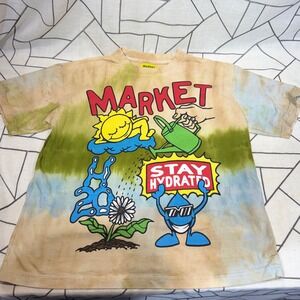Market Stay Hydrated T-Shirt Large Tan Green Blue Tie Dye Graphic Streetwear